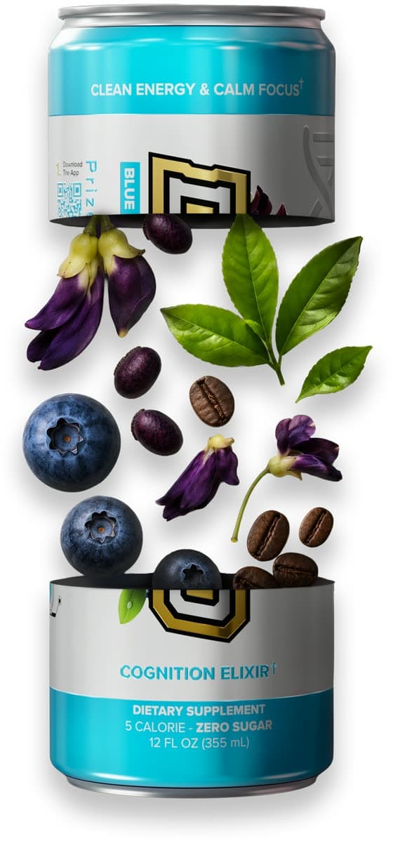 A Cognition Elixir Blue Glacier can opened up, with blueberries, green tea leaves, coffee beans and velvet bean flowers suspended between the two halves